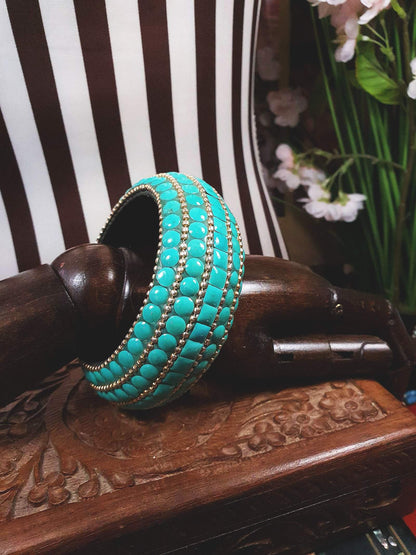 Vintage Turquoise Boho Bangle Bracelet Ceramic Bohemian 1970s