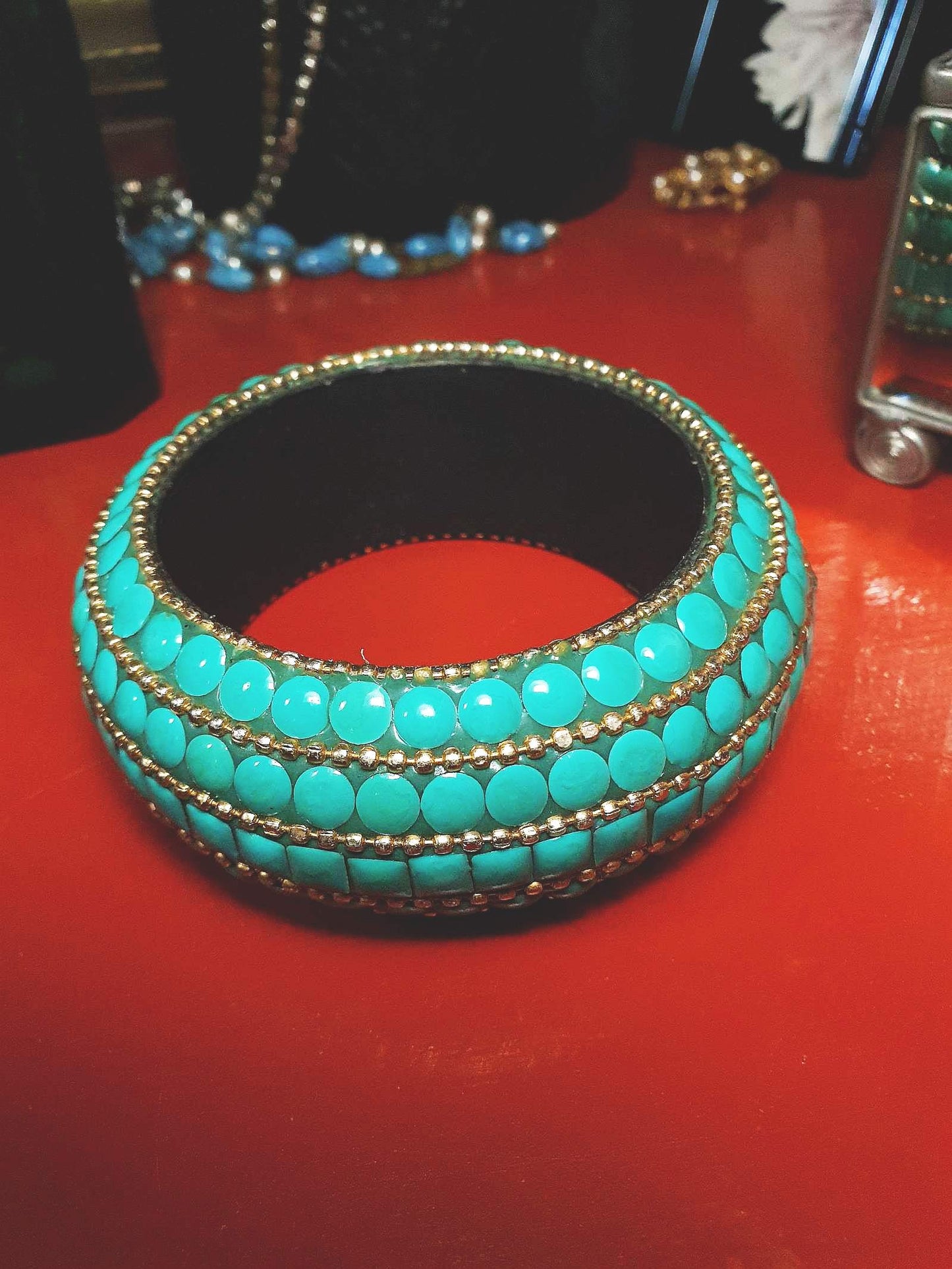 Vintage Turquoise Boho Bangle Bracelet Ceramic Bohemian 1970s