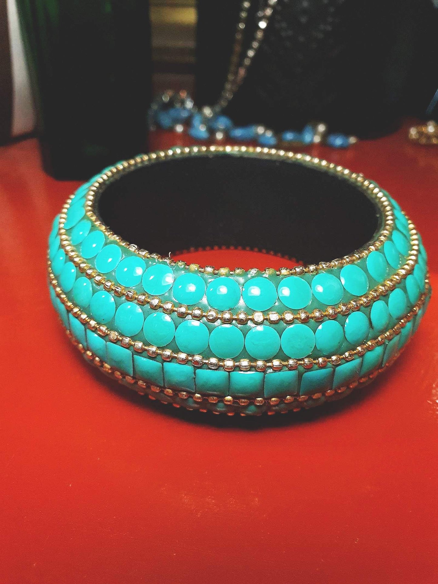 Vintage Turquoise Boho Bangle Bracelet Ceramic Bohemian 1970s