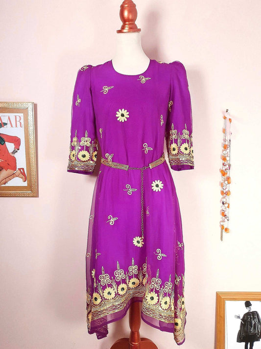 Vintage Purple Chiffon Embroidered Boho Dress 1970s Bohemian Ethnic - Size 12/14