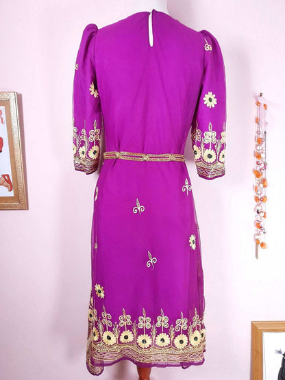 Vintage Purple Chiffon Embroidered Boho Dress 1970s Bohemian Ethnic - Size 12/14