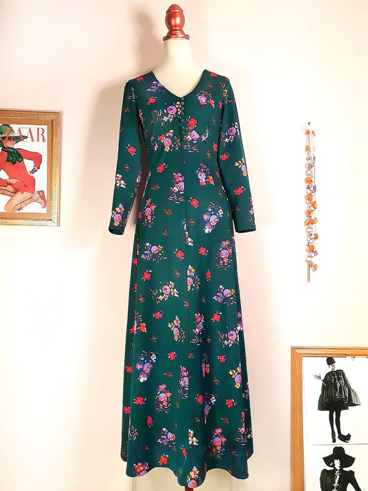 1970s Vintage Green Floral Boho Maxi Dress Retro - Size 10 Bohemian Flower