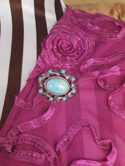 Vintage Turquoise Blue Art Glass Brooch 1950s Silver Tone Metalwork Leaves Victorian Revival