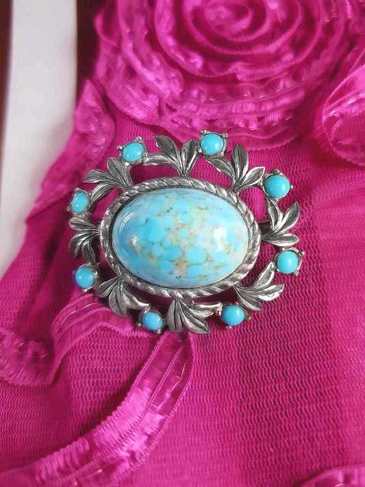 Vintage Turquoise Blue Art Glass Brooch 1950s Silver Tone Metalwork Leaves Victorian Revival