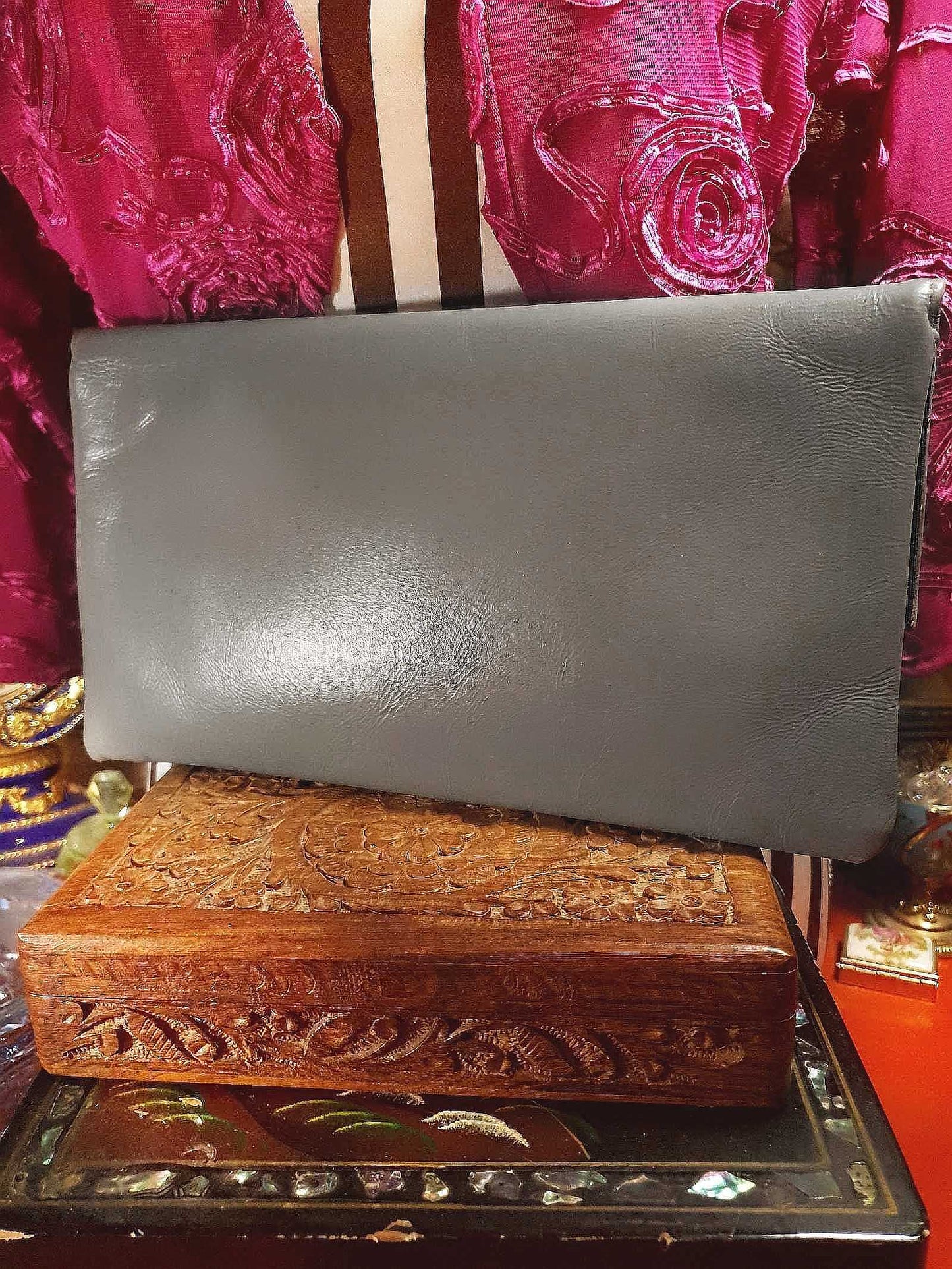 Vintage Jane Shilton Clutch Bag 1970s Grey Leather Evening Handbag Purse