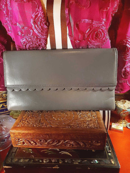 Vintage Jane Shilton Clutch Bag 1970s Grey Leather Evening Handbag Purse