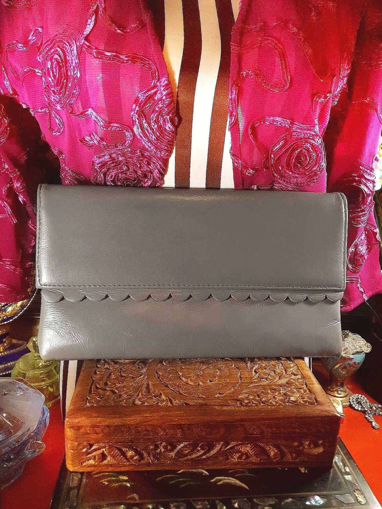 Vintage Jane Shilton Clutch Bag 1970s Grey Leather Evening Handbag Purse