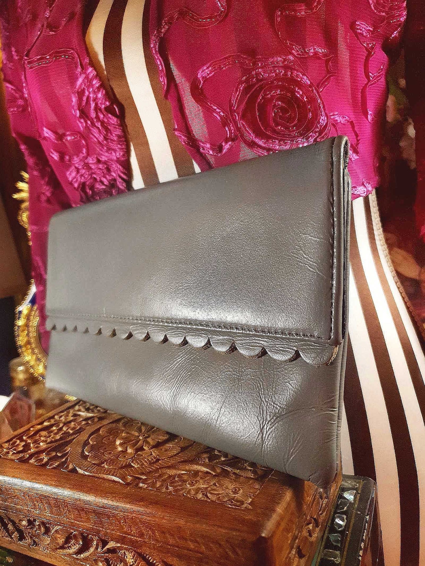 Vintage Jane Shilton Clutch Bag 1970s Grey Leather Evening Handbag Purse