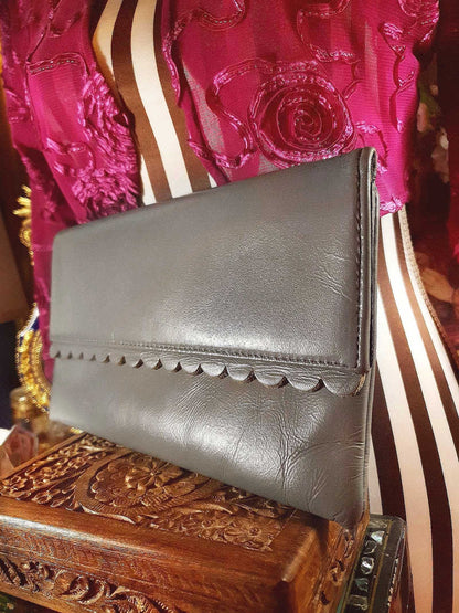 Vintage Jane Shilton Clutch Bag 1970s Grey Leather Evening Handbag Purse