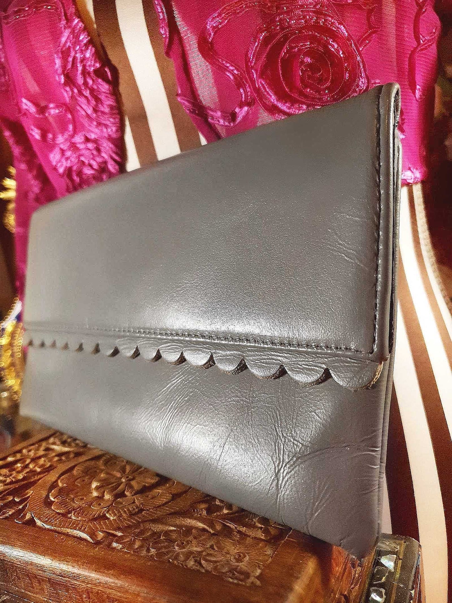 Vintage Jane Shilton Clutch Bag 1970s Grey Leather Evening Handbag Purse