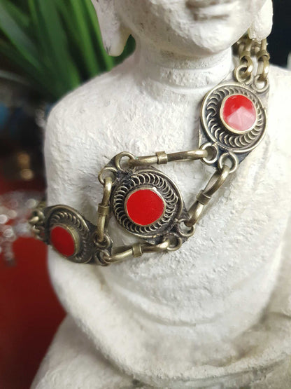 Vintage Boho Red Glass Stone Bracelet 1970s Brass Bohemian