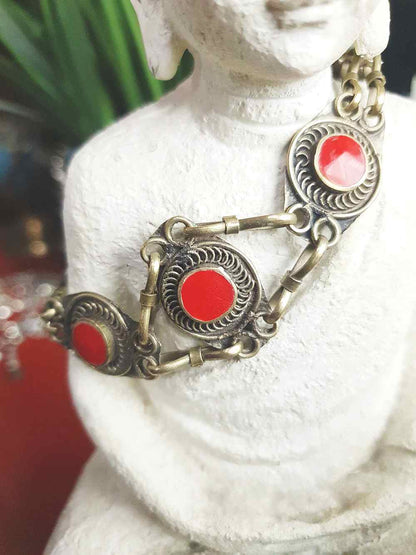 Vintage 1970s Boho Red Glass Stone Bracelet Brass Bohemian