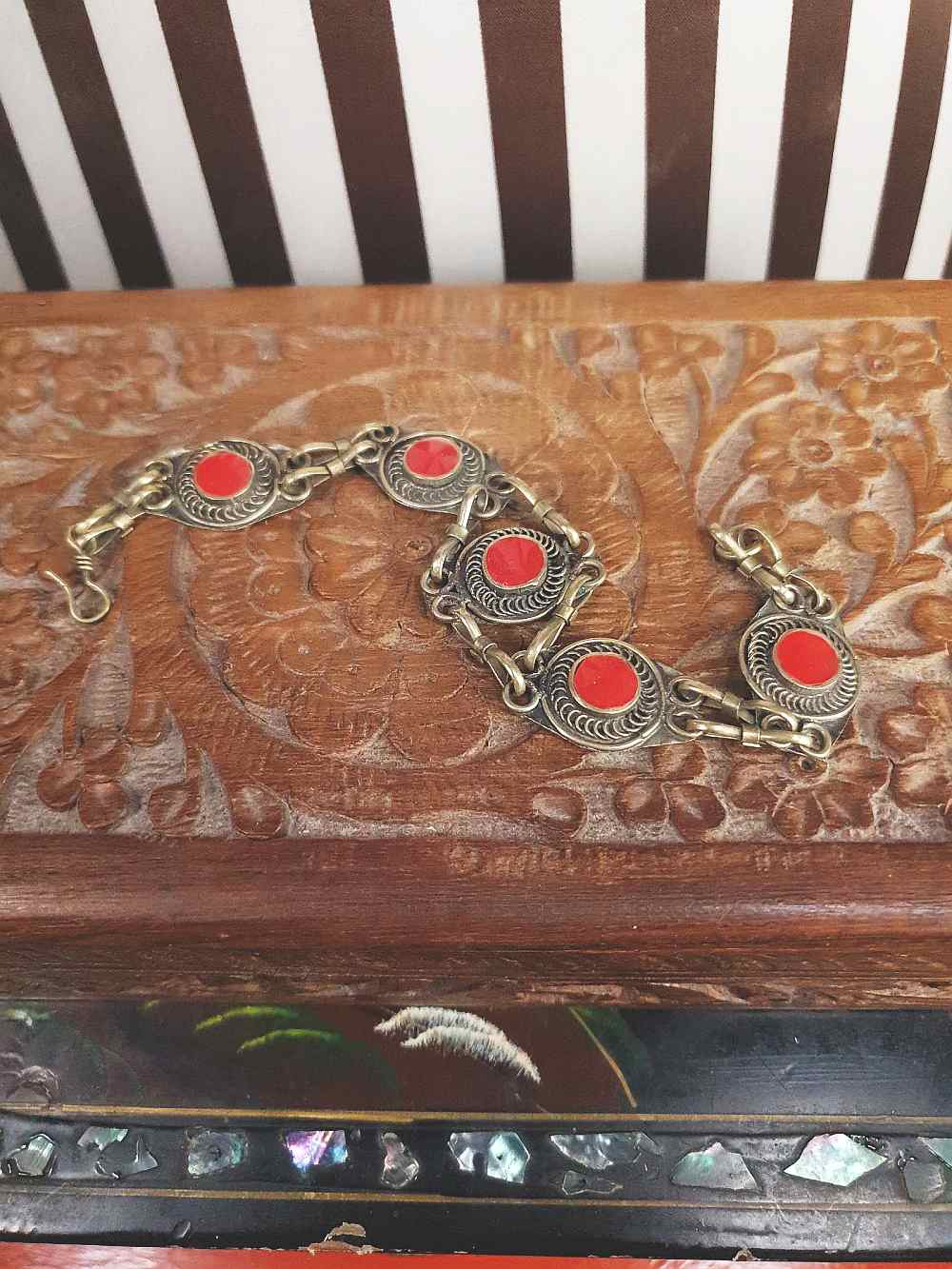 Vintage 1970s Boho Red Glass Stone Bracelet Brass Bohemian