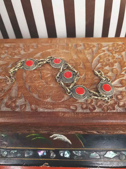 Vintage 1970s Boho Red Glass Stone Bracelet Brass Bohemian