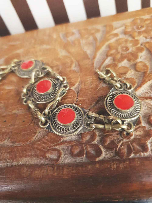 Vintage 1970s Boho Red Glass Stone Bracelet Brass Bohemian