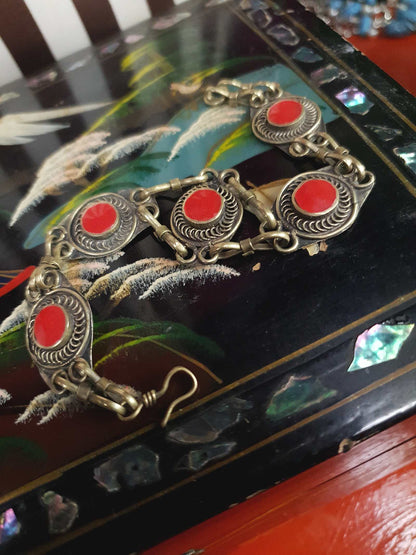 Vintage Boho Red Glass Stone Bracelet 1970s Brass Bohemian