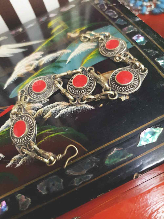 Vintage 1970s Boho Red Glass Stone Bracelet Brass Bohemian