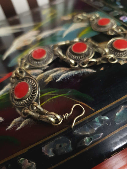 Vintage Boho Red Glass Stone Bracelet 1970s Brass Bohemian