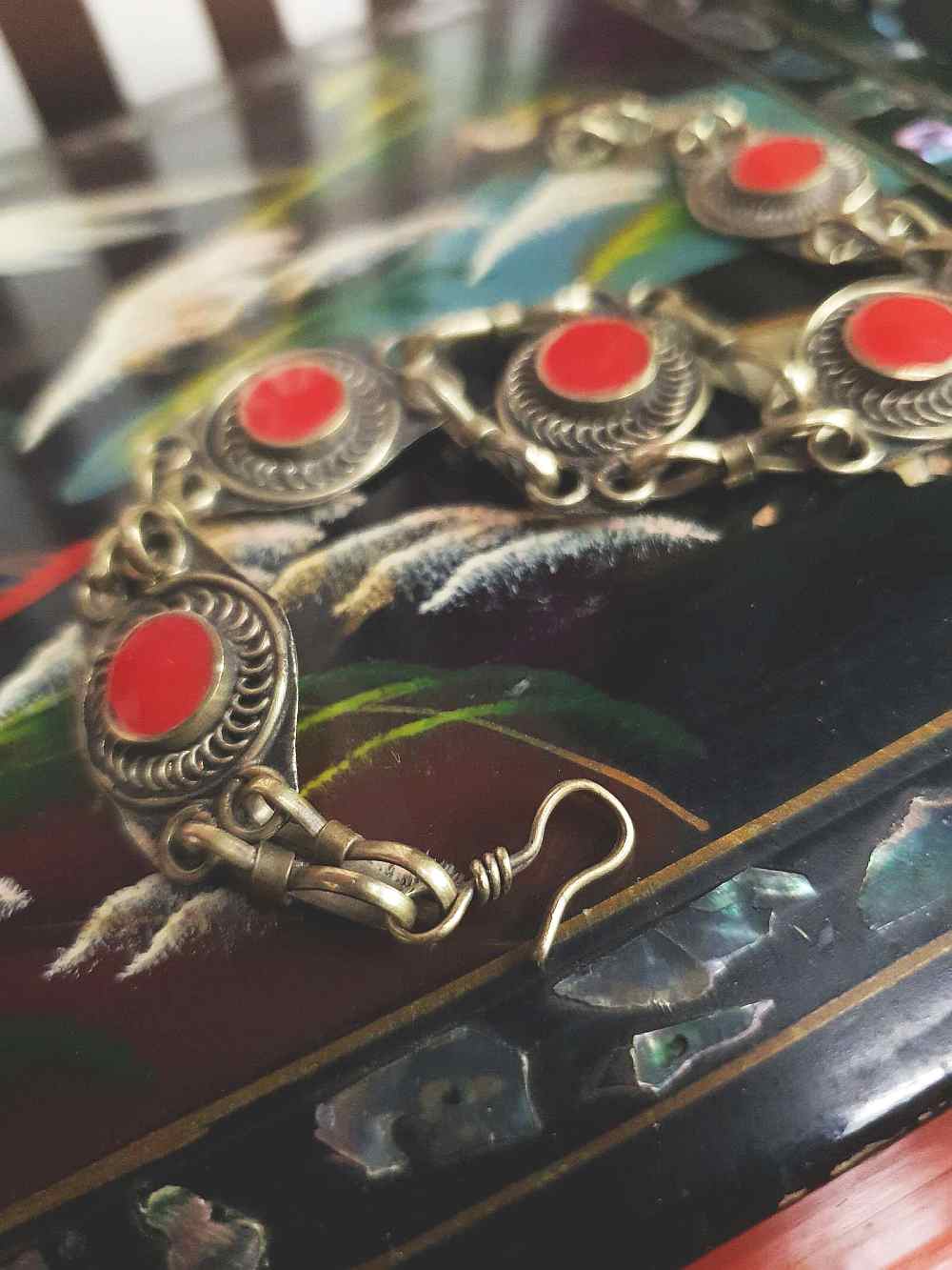 Vintage 1970s Boho Red Glass Stone Bracelet Brass Bohemian