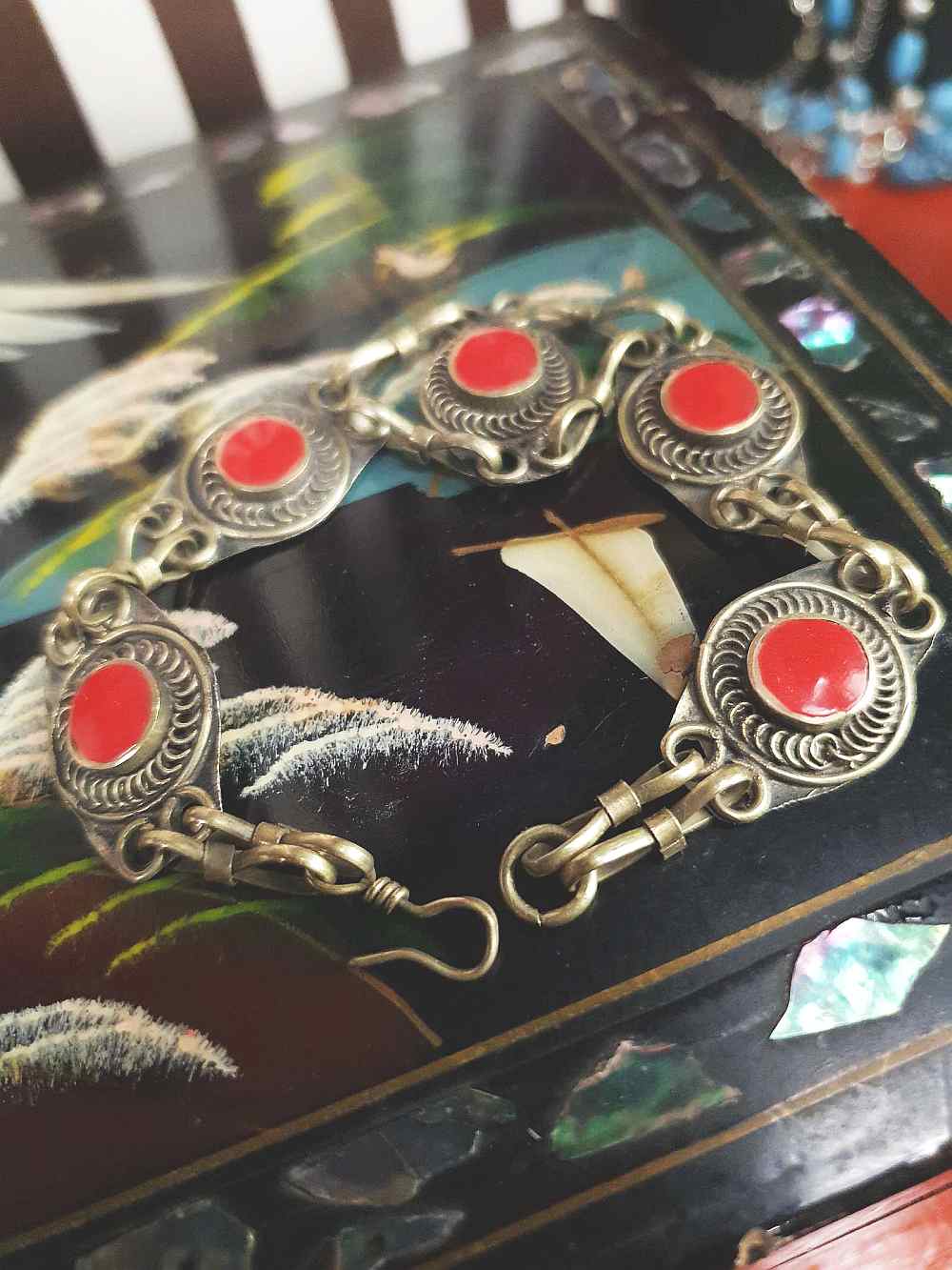 Vintage 1970s Boho Red Glass Stone Bracelet Brass Bohemian