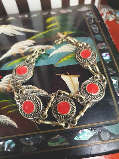 Vintage 1970s Boho Red Glass Stone Bracelet Brass Bohemian