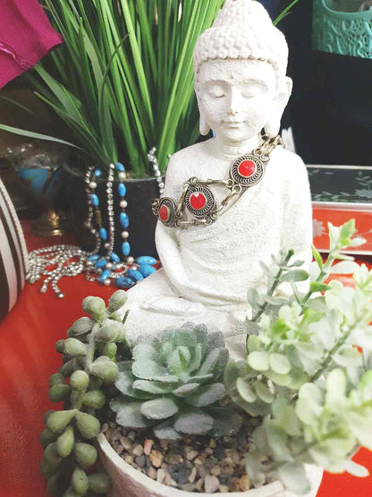 Vintage 1970s Boho Red Glass Stone Bracelet Brass Bohemian