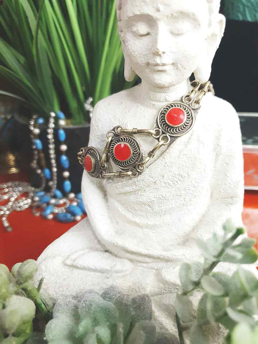 Vintage 1970s Boho Red Glass Stone Bracelet Brass Bohemian