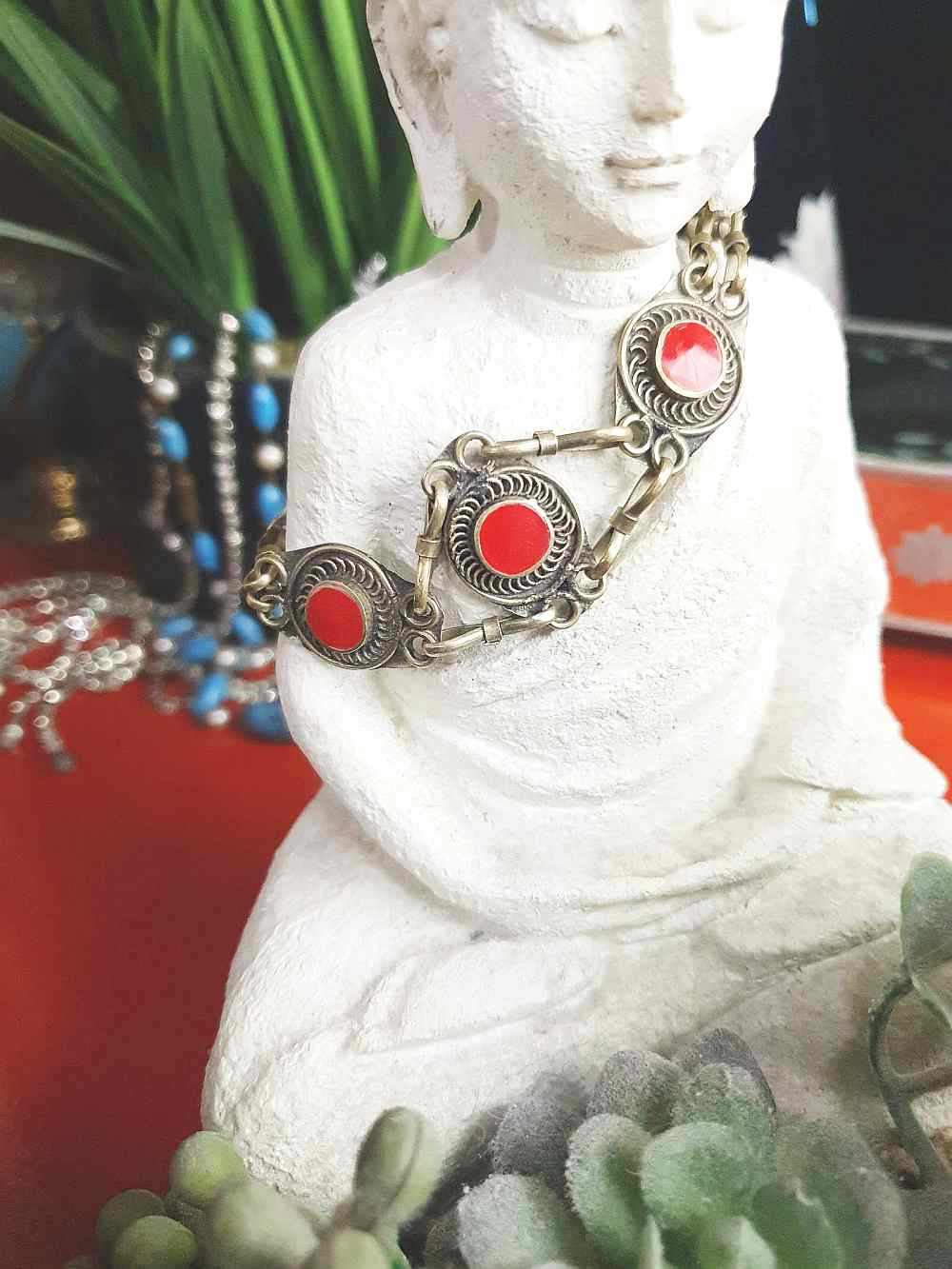 Vintage 1970s Boho Red Glass Stone Bracelet Brass Bohemian