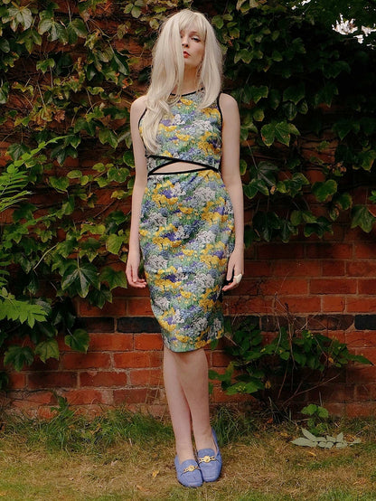 Vintage Floral Cut Out Dress 1970s Retro Flower Midi Sleeveless- Size 14