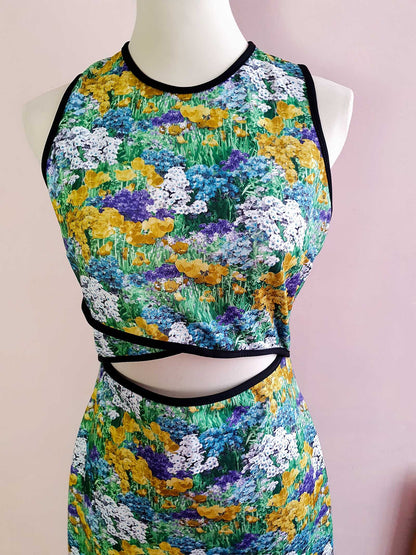 Vintage Floral Cut Out Dress 1970s Retro Flower Midi Sleeveless- Size 14