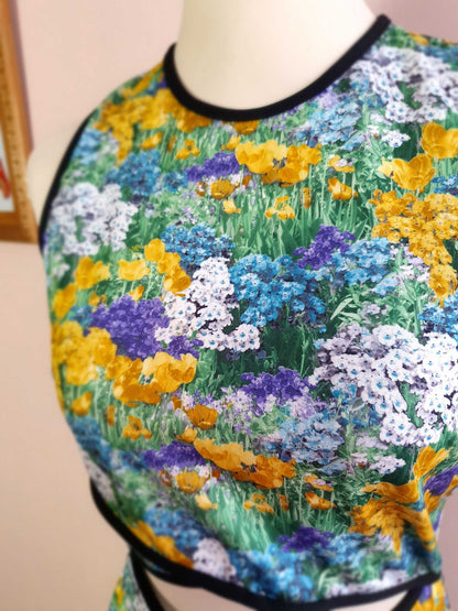 Vintage Floral Cut Out Dress 1970s Retro Flower Midi Sleeveless- Size 14