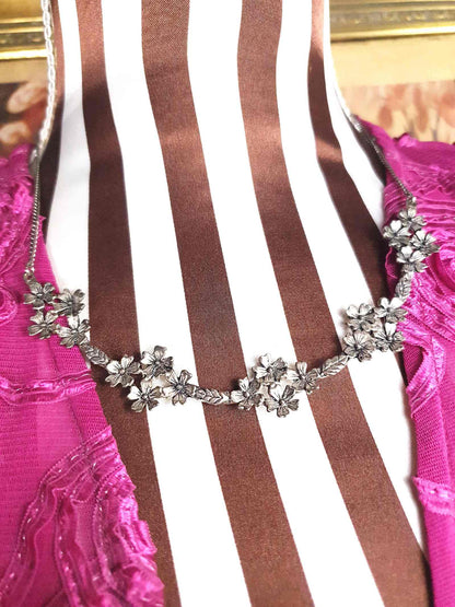 Vintage Silver Tone Flower Necklace 1970s Retro Floral Demi Parure Jewellery Set