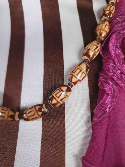 Vintage Boho Ceramic Bead Necklace Cream Brown 1970s Geometric