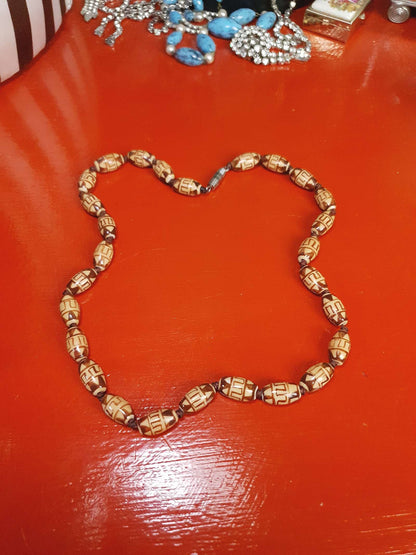 Vintage Boho Ceramic Bead Necklace Cream Brown 1970s Geometric