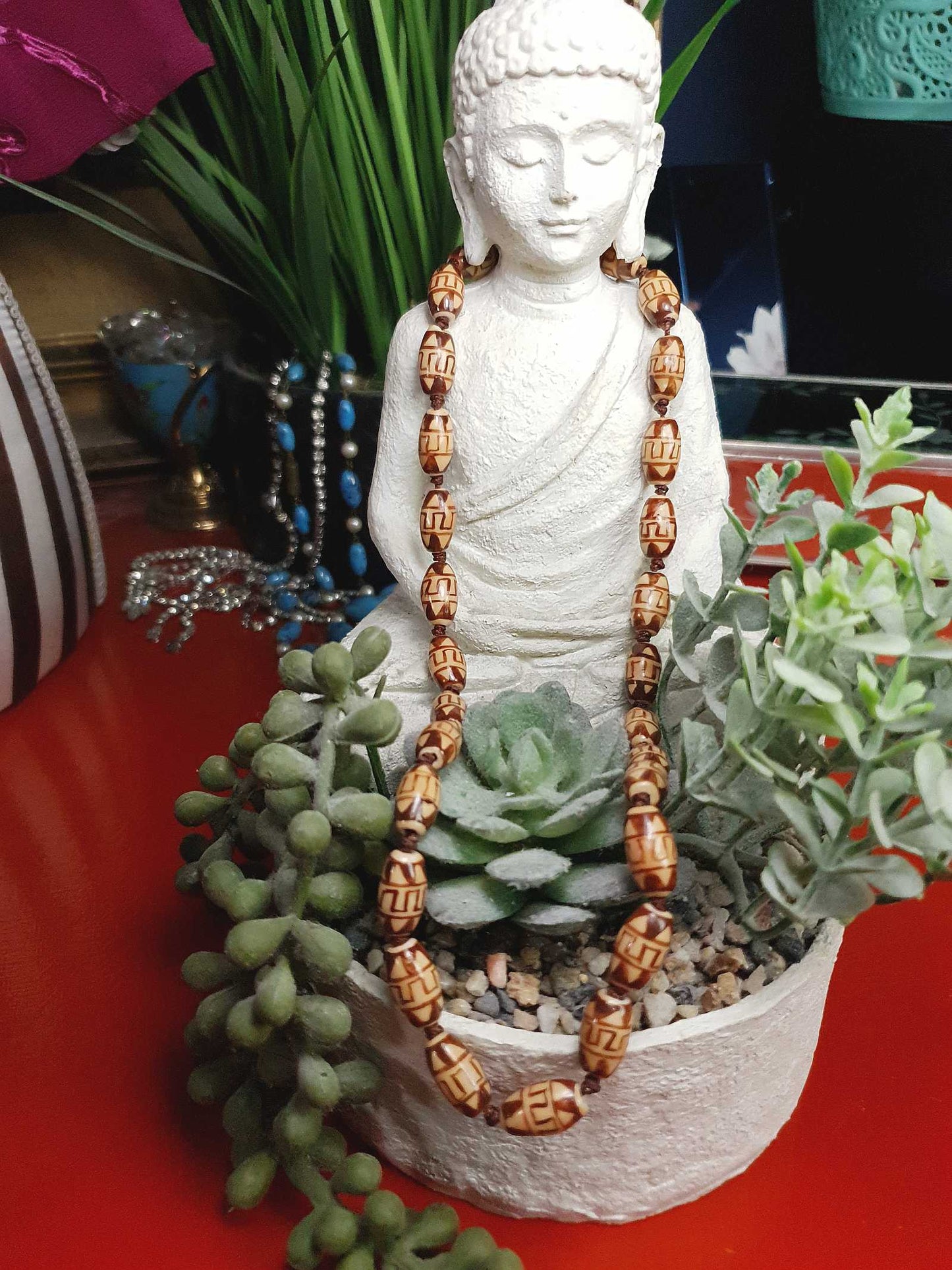 Vintage Boho Ceramic Bead Necklace Cream Brown 1970s Geometric