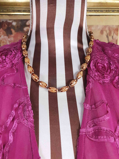 Vintage Boho Ceramic Bead Necklace Cream Brown 1970s Geometric