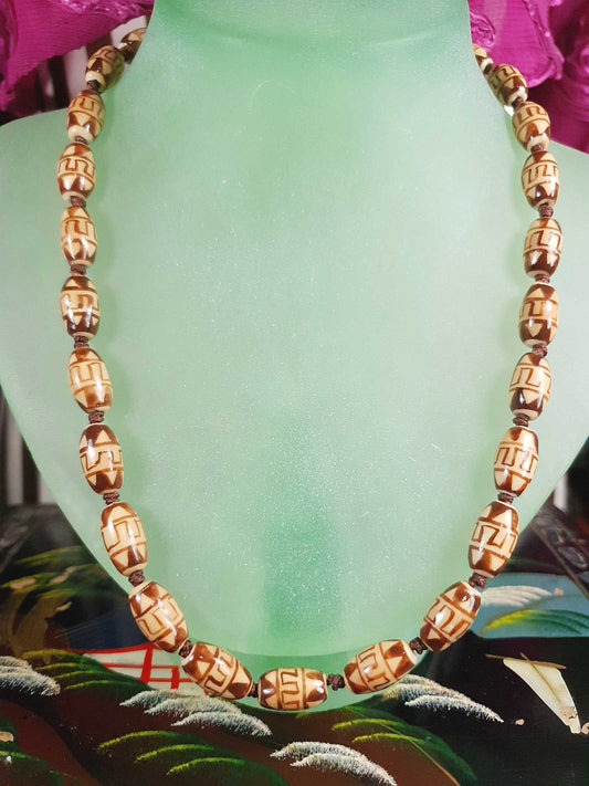 Vintage Boho Ceramic Bead Necklace Cream Brown 1970s Geometric