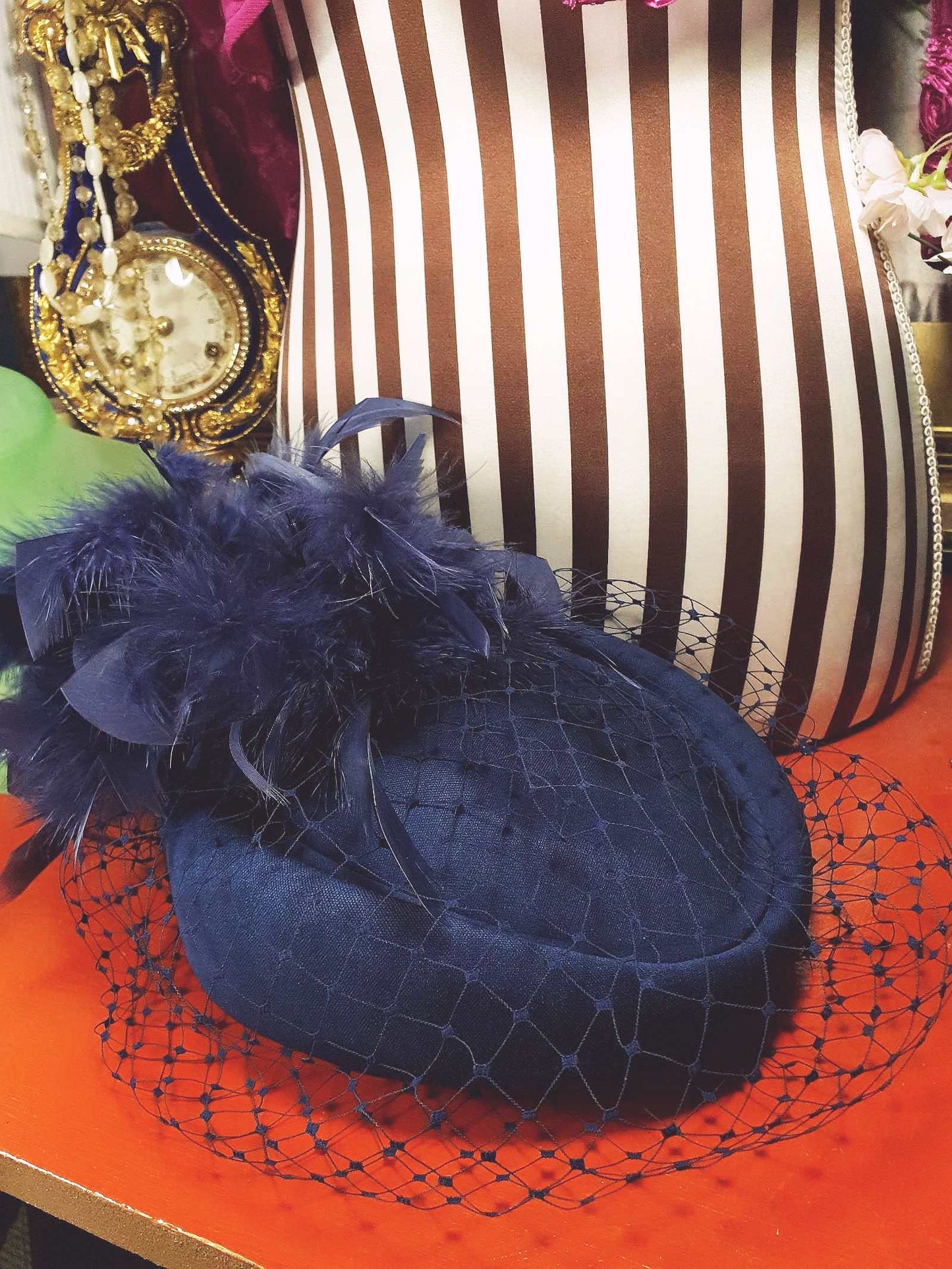 Vintage 1980s Blue Feather Pillbox Hat Fascinator Mesh - Size 7⅞