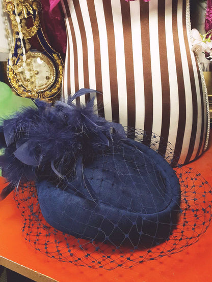 Vintage 1980s Blue Feather Pillbox Hat Fascinator Mesh - Size 7⅞