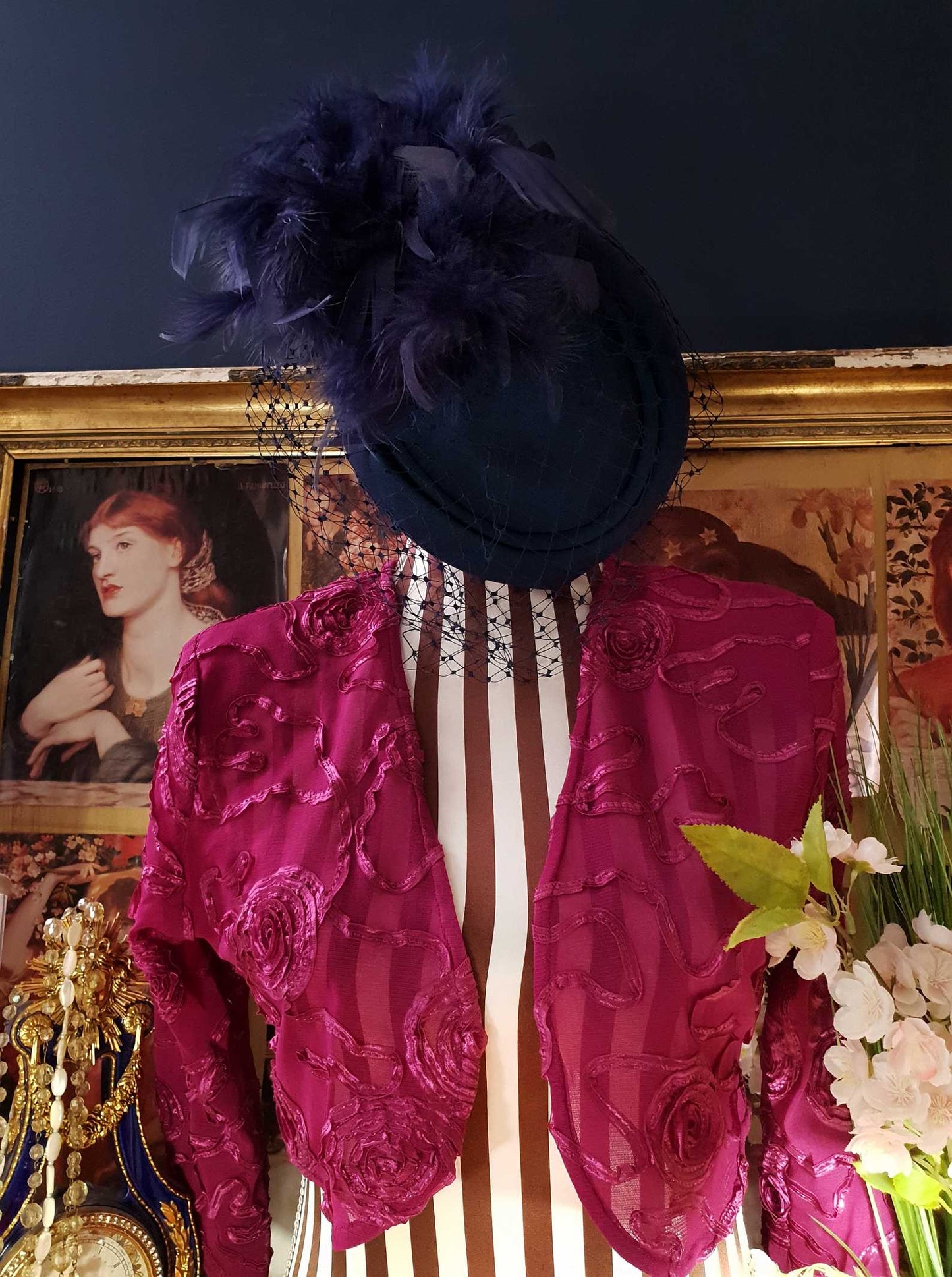 Vintage 1980s Pillbox Hat Blue Feather Fascinator Mesh