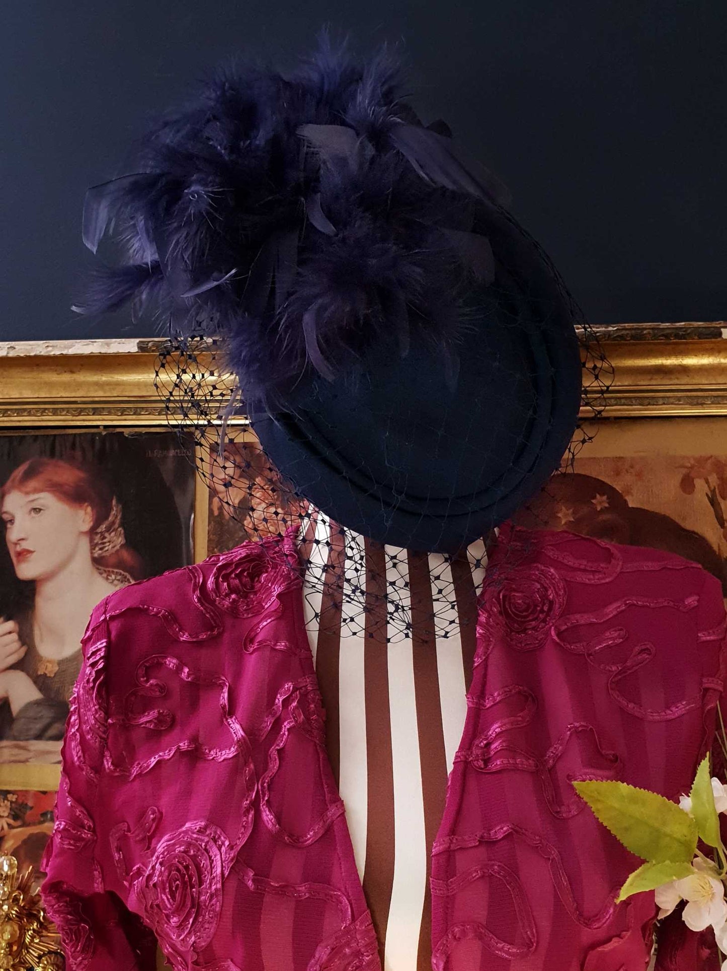 Vintage 1980s Pillbox Hat Blue Feather Fascinator Mesh