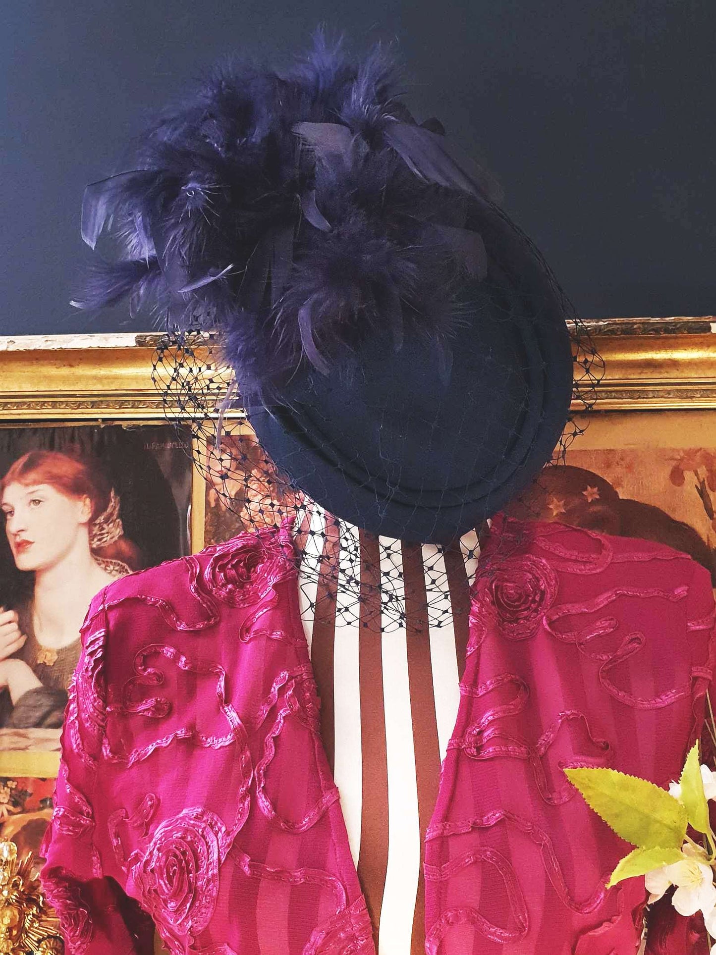 Vintage 1980s Blue Feather Pillbox Hat Fascinator Mesh - Size 7⅞