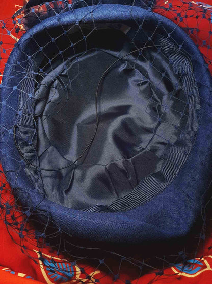 Vintage 1980s Blue Feather Pillbox Hat Fascinator Mesh - Size 7⅞