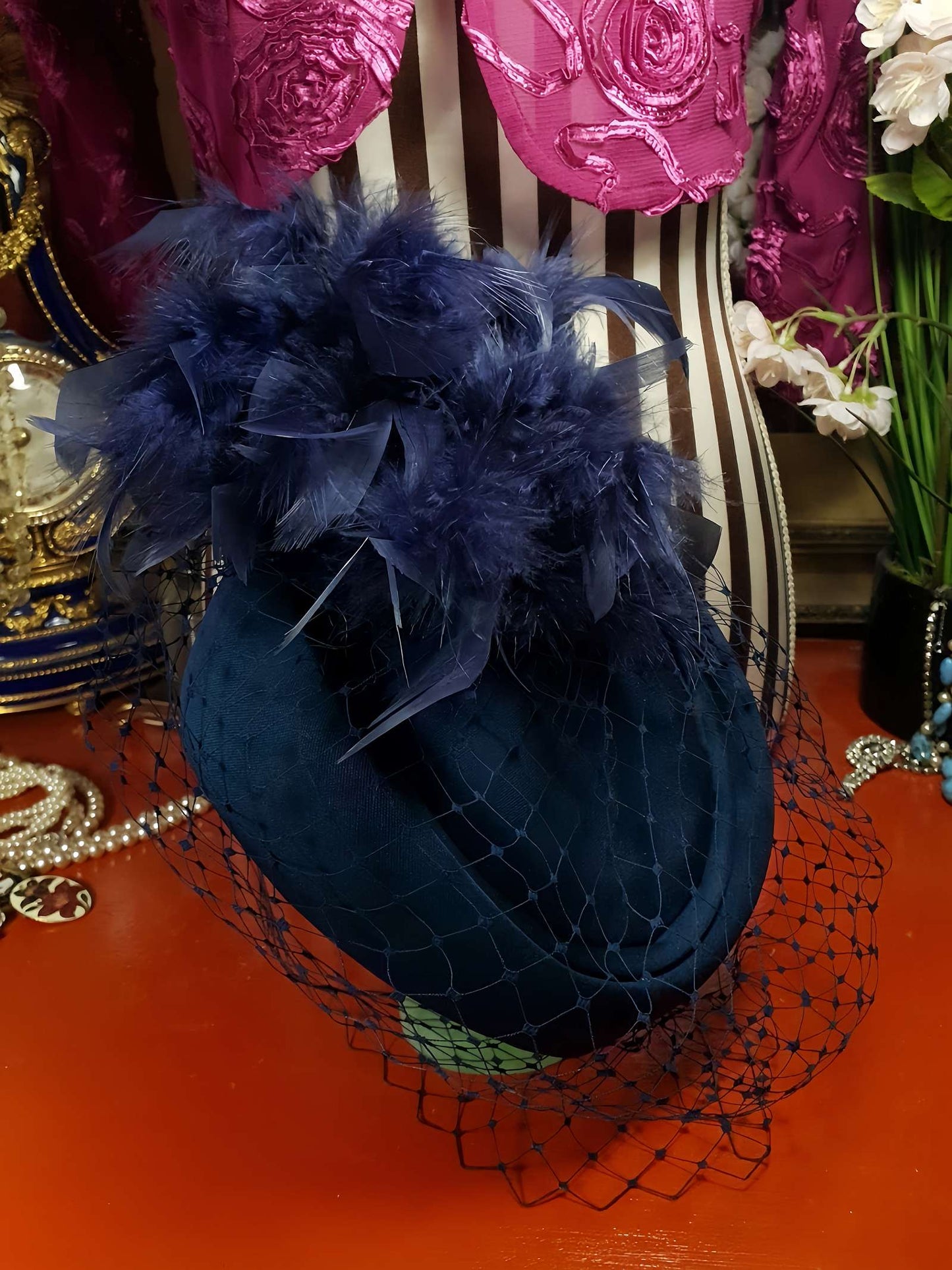 Vintage 1980s Pillbox Hat Blue Feather Fascinator Mesh
