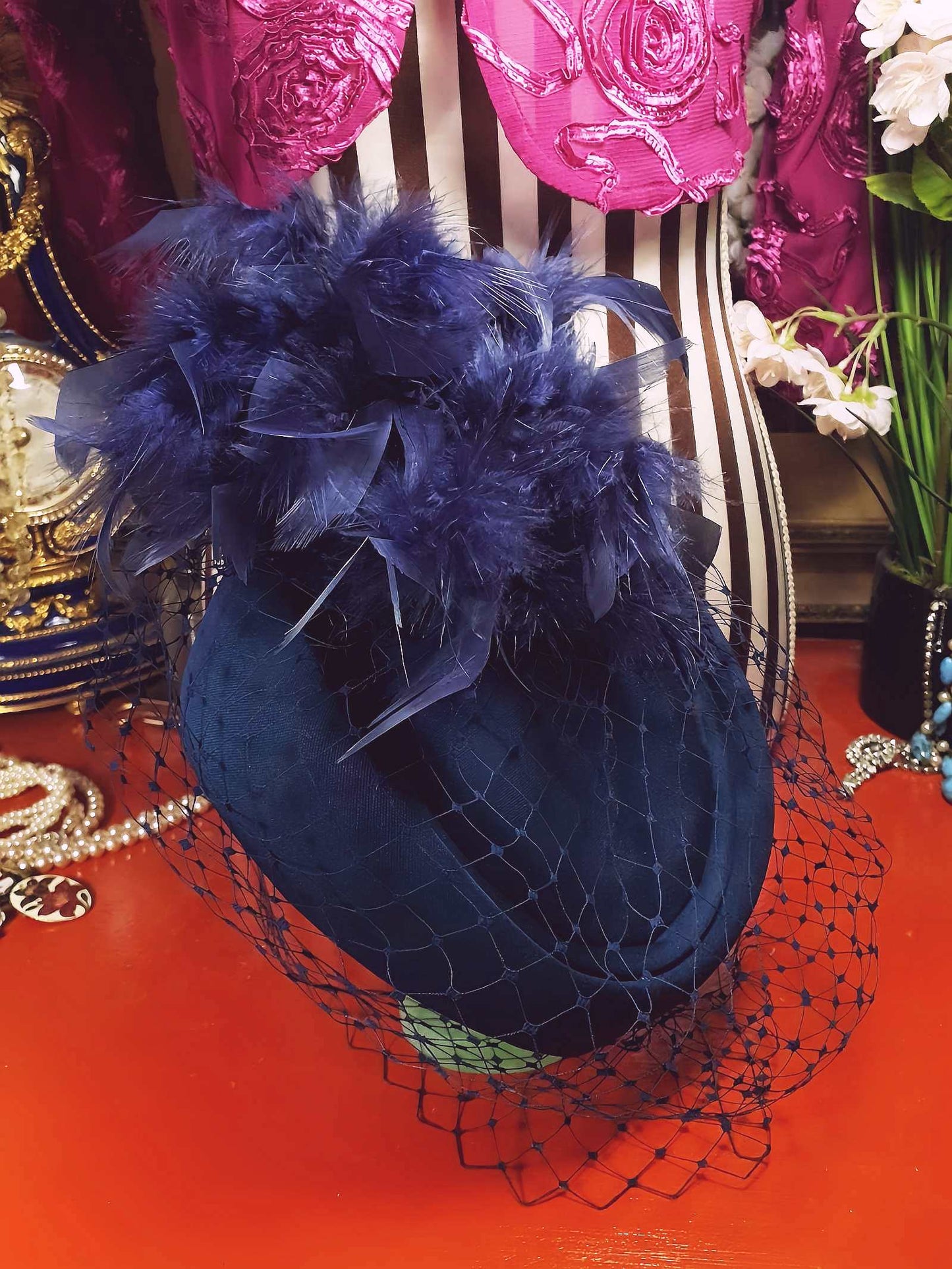 Vintage 1980s Blue Feather Pillbox Hat Fascinator Mesh - Size 7⅞