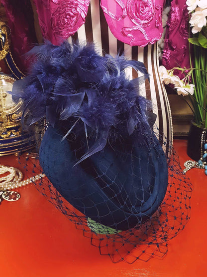 Vintage 1980s Blue Feather Pillbox Hat Fascinator Mesh - Size 7⅞