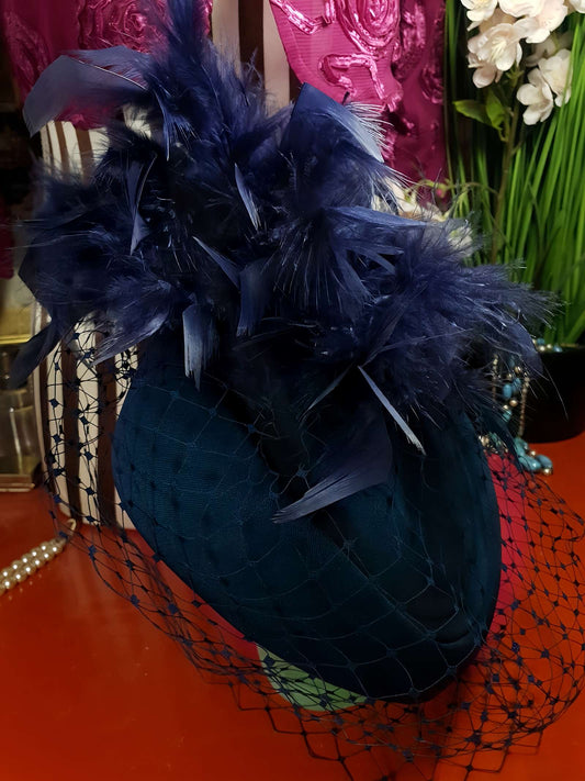 Vintage 1980s Pillbox Hat Blue Feather Fascinator Mesh