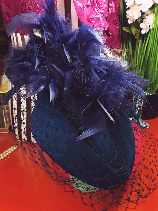 Vintage 1980s Blue Feather Pillbox Hat Fascinator Mesh - Size 7⅞