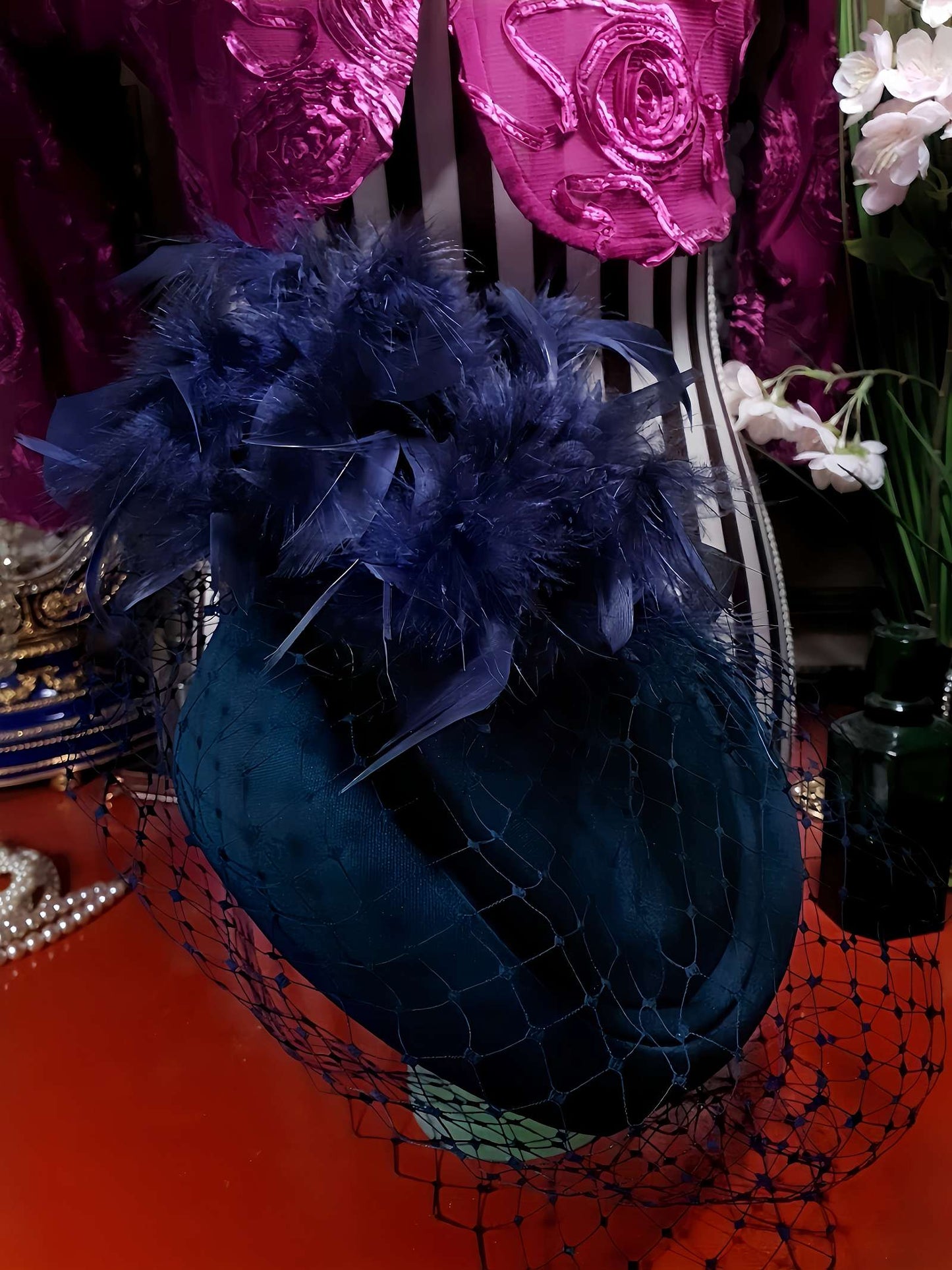 Vintage 1980s Pillbox Hat Blue Feather Fascinator Mesh
