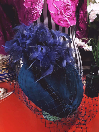 Vintage 1980s Blue Feather Pillbox Hat Fascinator Mesh - Size 7⅞